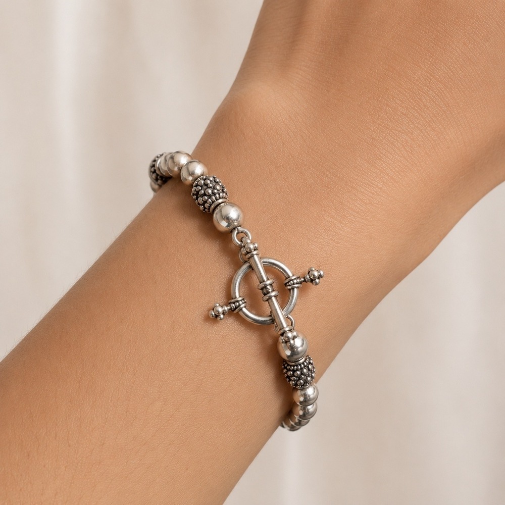 Minimalist Chic Silver Beaded Bracelet Toggle Clasp Bali Style Textured - 7.25"